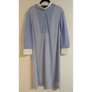 LINDARICO Blue/White Striped Cotton Blend Italian Midi Shirt Dress 40/US 4